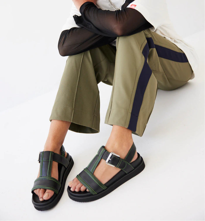 Visby T-Bar Sandal | Black leather with Green Topstitch