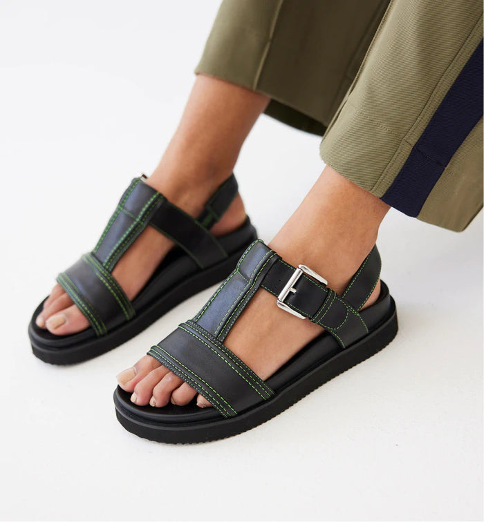 Visby T-Bar Sandal | Black leather with Green Topstitch
