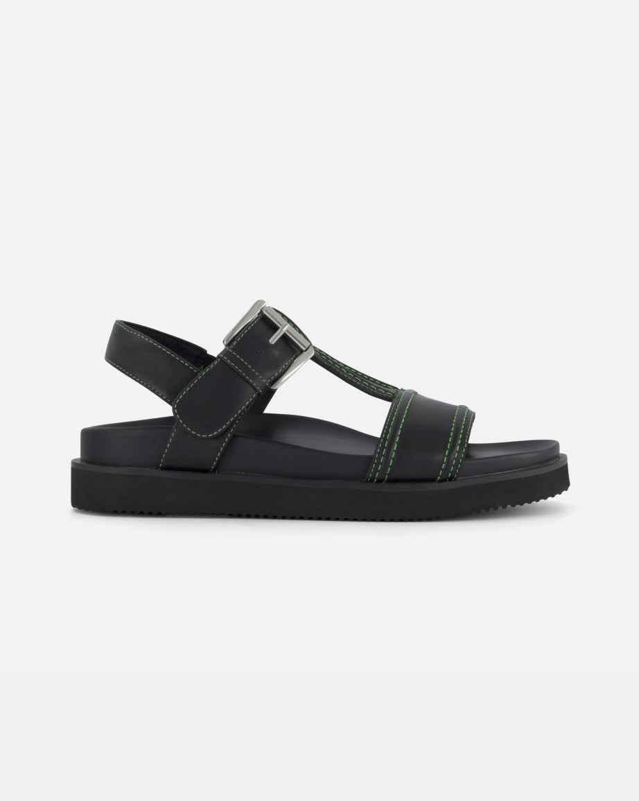 Visby T-Bar Sandal | Black leather with Green Topstitch