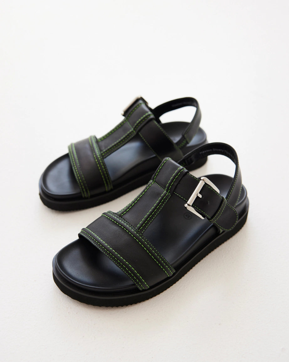 Visby T-Bar Sandal | Black leather with Green Topstitch