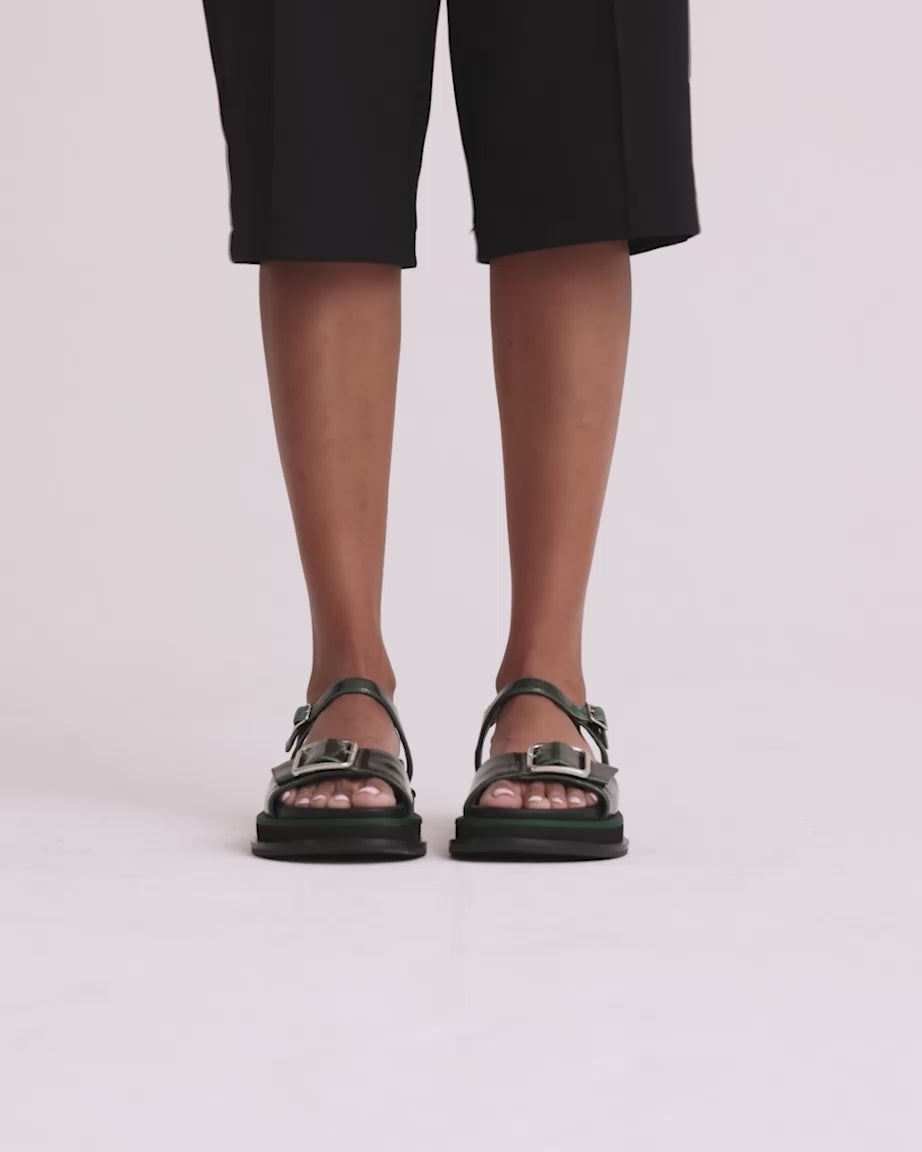 Load video: Beautiful Contradictions Buckle Sandal | Burnished Green