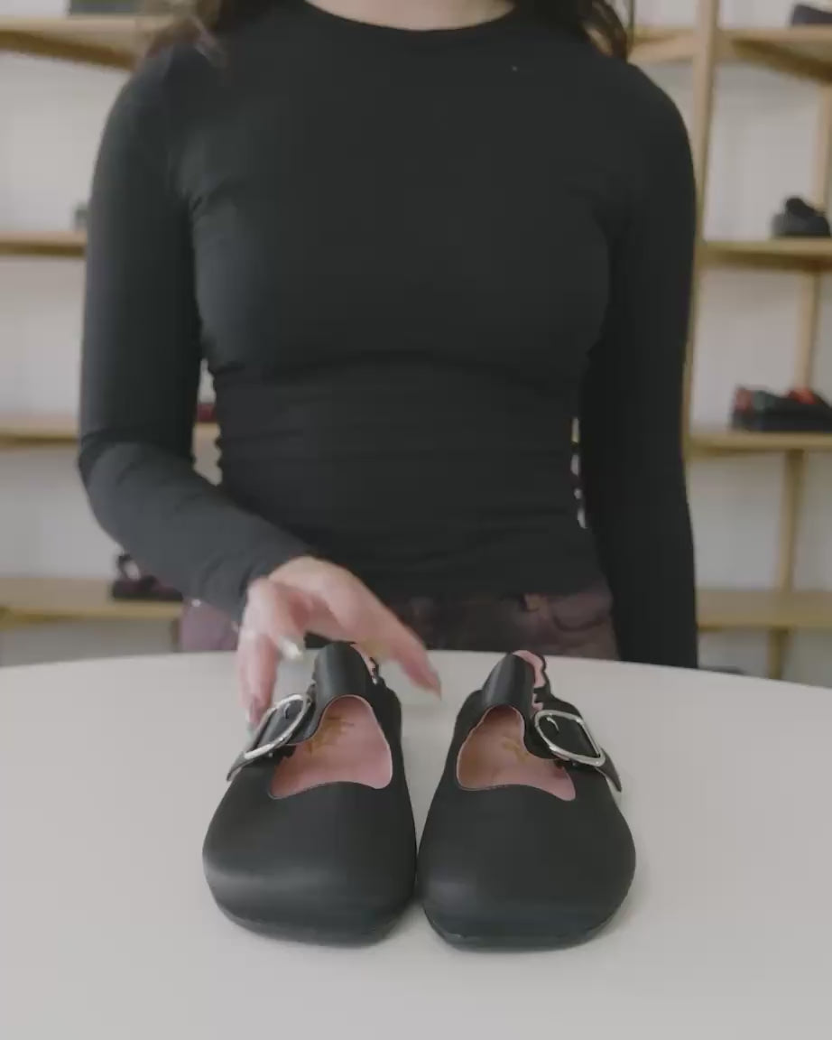 Load video: Petit Palais Buckle Shoe | Black Satin