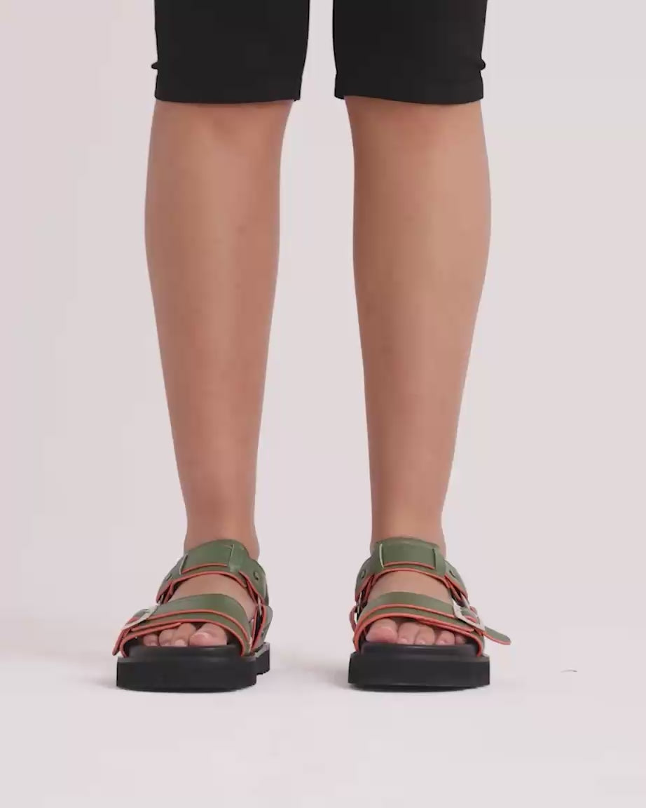 Load video: Rae Harness Leather Sandal | Moss Green