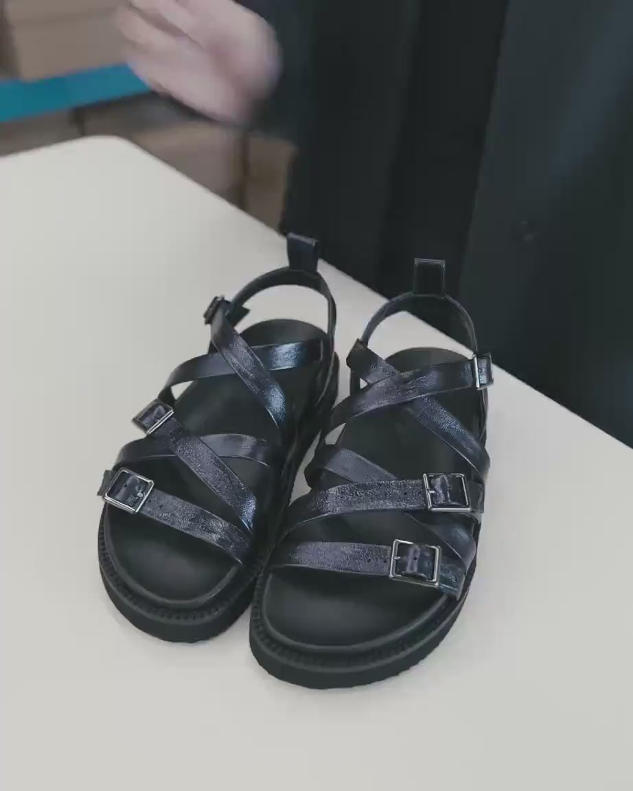 Load video: Sophia Strappy Sandal | Navy Metallic