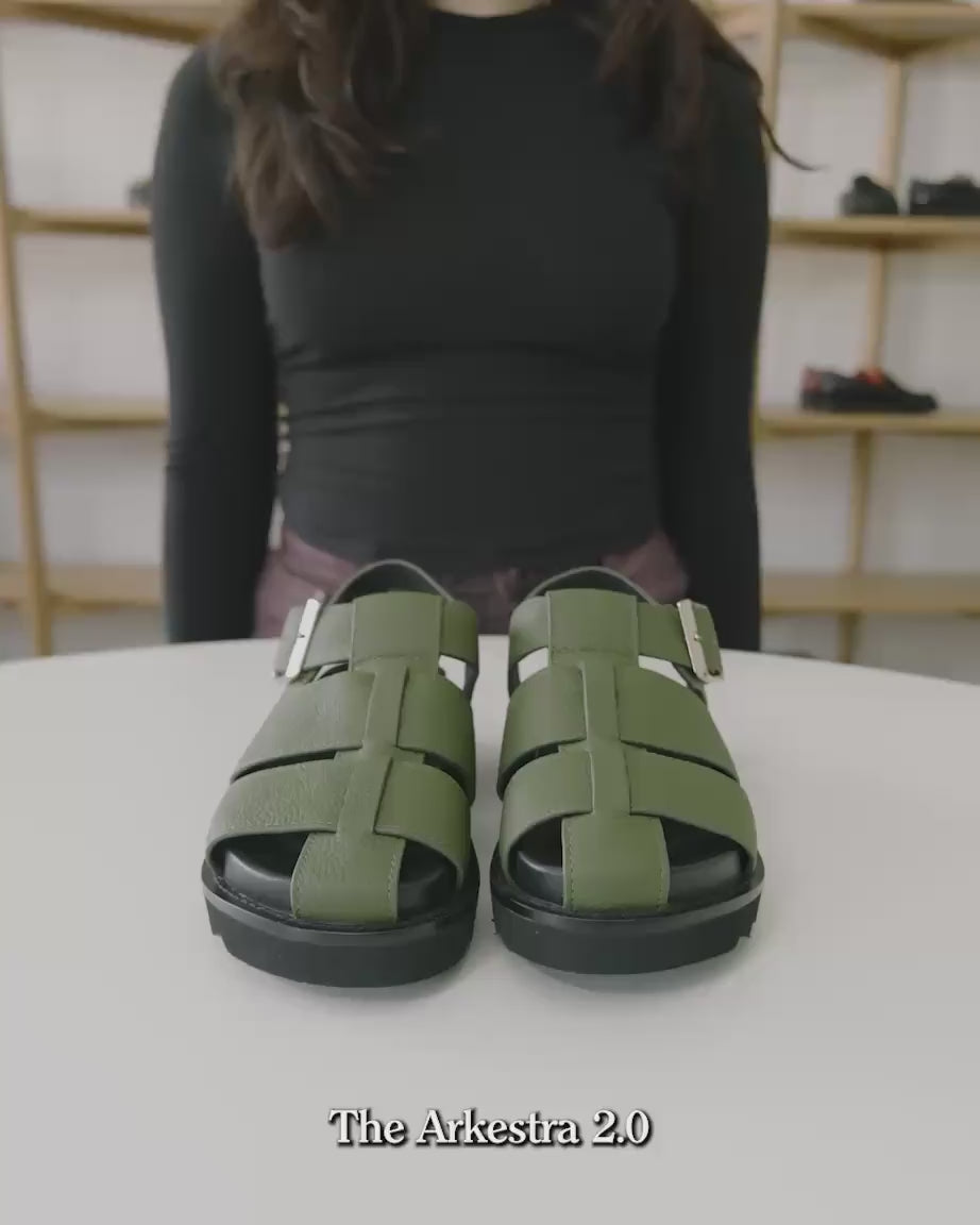 Load video: Arkestra 2.0 Fisherman Leather Sandal | Everyday Olive