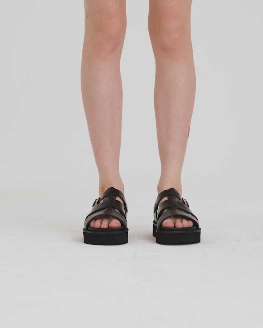 Load video: Volta T-Bar Sandal | Black Oiled Leather