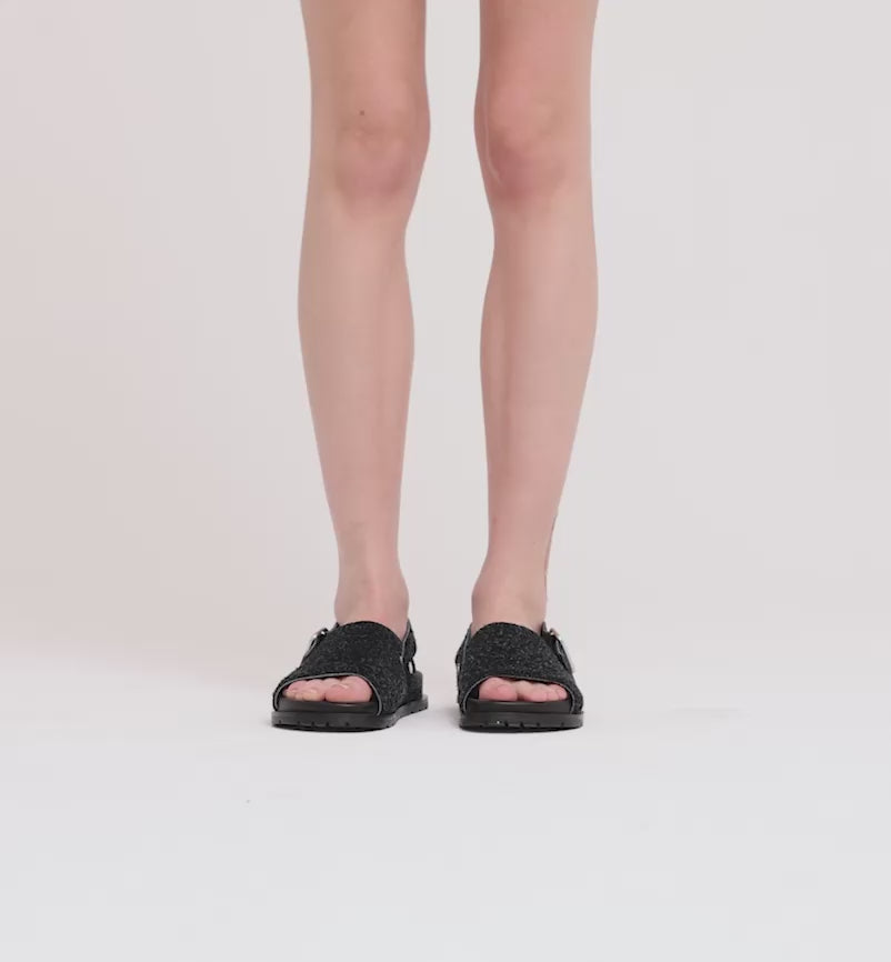 Load video: Jana Buckle Slide | Black Shag Suede