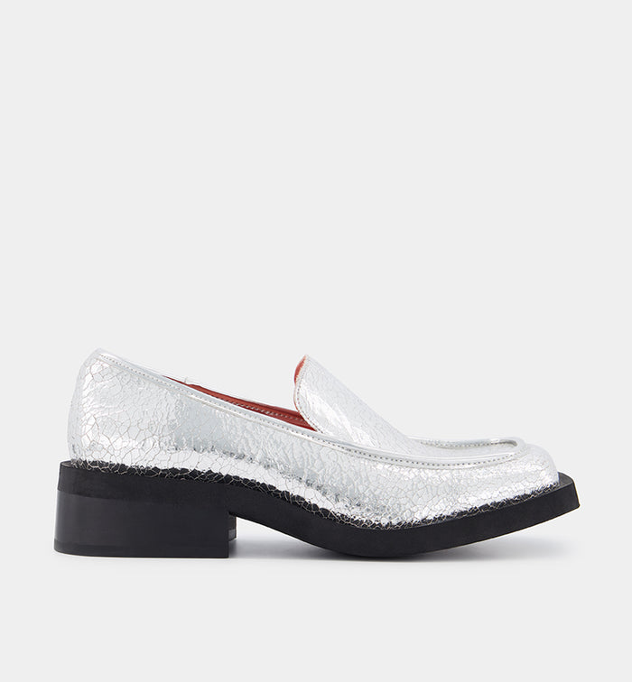Misia Square Toe Loafer in Leather | Limited Edition Cracked Silver