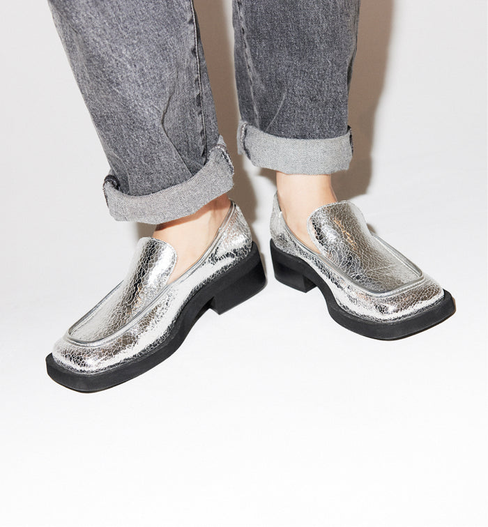 Misia Square Toe Loafer in Leather | Limited Edition Cracked Silver
